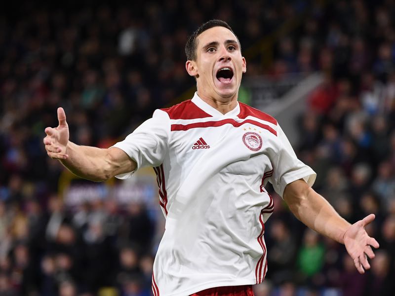 Daniel Podence of Olympiakos celebrates after scoring during the UEFA Europa League qualifing second leg play off match between Burnley and Olympiakos at Turf Moor on August 30, 2018 in Burnley, England. (Photo by Clive Mason/Getty Images)