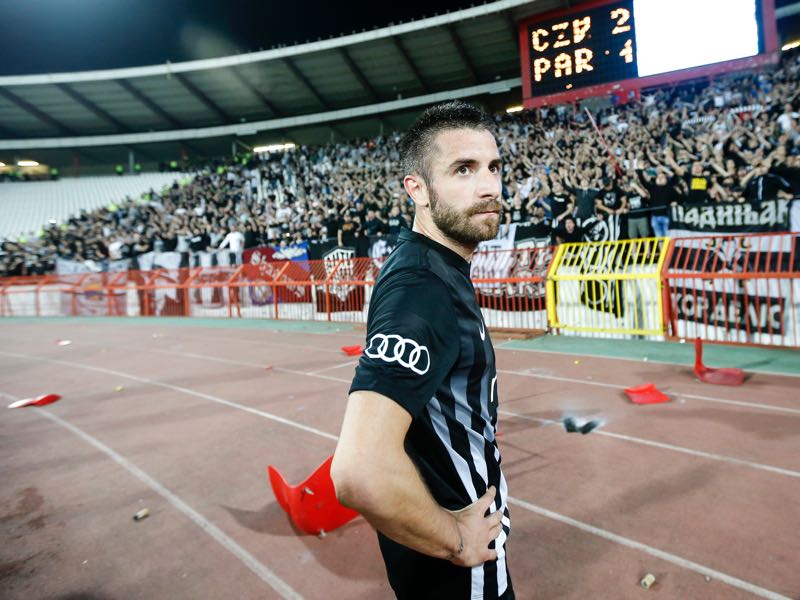 Zoran Tosic of Partizan looks dejected after the Serbian Super League Play Off match at the stadium Rajko Mitic on April 14, 2018 in Belgrade, Serbia. (Photo by Srdjan Stevanovic/Getty Images)