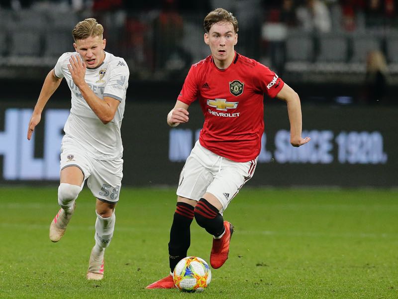 James Garner of Manchester United controls the ball during a pre-season friendly match between Manchester United and Leeds United at Optus Stadium on July 17, 2019 in Perth, Australia. (Photo by Will Russell/Getty Images)