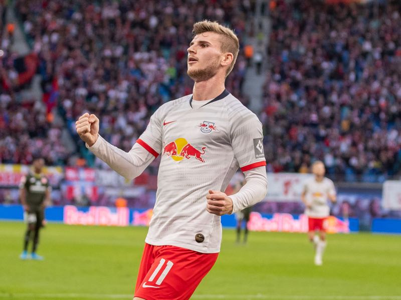 Timo Werner of RB Leipzig celebrates after scoring his team's second goal during the Bundesliga match between RB Leipzig and 1. FSV Mainz 05 at Red Bull Arena on November 02, 2019 in Leipzig, Germany. (Photo by Boris Streubel/Bongarts/Getty Images)
